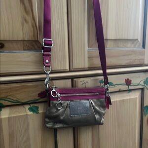 Pink and Tan Crossbody Bag with Adjustable Strap and Shiny Material